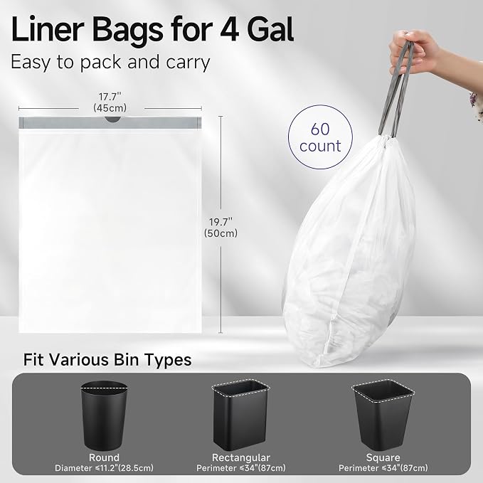 Drawstring 4 Gallon Trash Bags, Pre-Cut Strong Wastebasket Bin Liners - Image 3