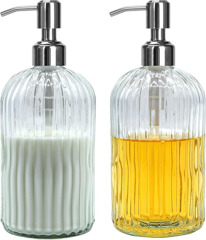 Clear Glass Soap Dispenser 18 oz, 2 Pack Hand Dish Soap Dispensers Bathroom by Tobeautyyourlife