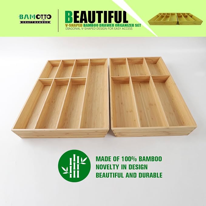 V-Shaped Extra Large Bamboo Drawer Organizer Set of 2, Kitchen Cutlery Tray - Image 4