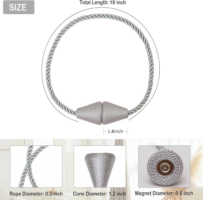 Magnetic Curtain Tiebacks 2 Pack Outdoor Rope Curtain Tie Backs Decorative - Image 2