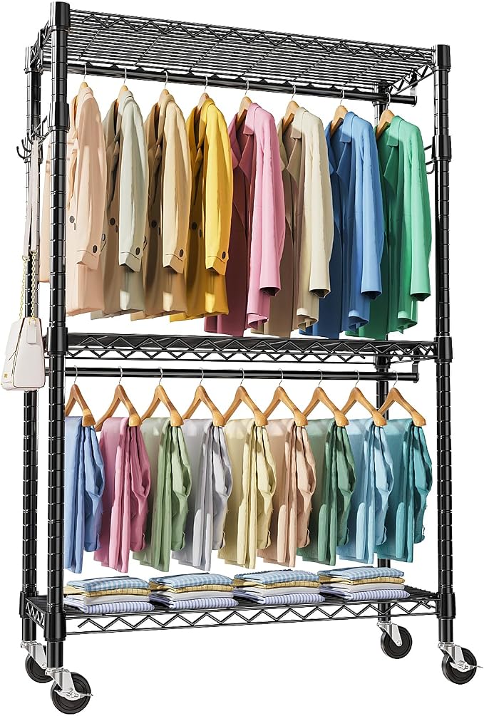 Heavy Duty Rolling Garment Rack 3 Tiers Adjustable Wire Shelving Clothes Rack by MEIGAOPLASTICANDMETALHKCOLIMITED