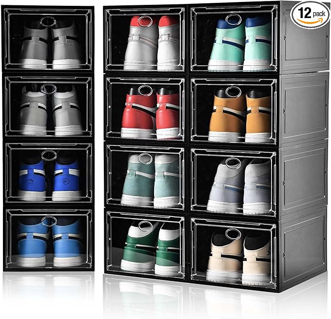 12 Pack Shoe Boxes Stackable, Upgraded Sturdy Shoe Storage Boxes by Amllas