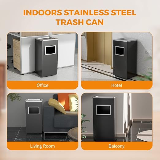 BEAMNOVA Trash Can Indoor Outdoor Black Stainless Steel Commercial Garbage Can - Image 6