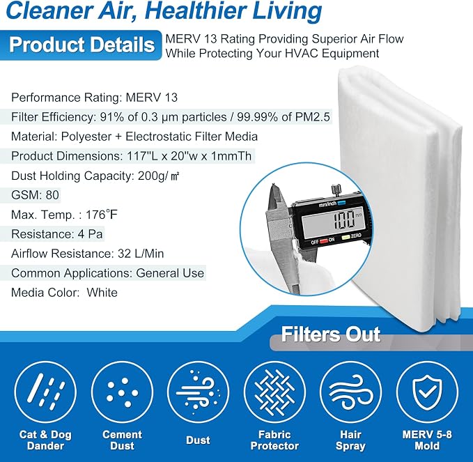 UCINNOVATE 32Ft² MERV 13 AC Vent Filters Kit, 2 Pack 20"x117" Cut to Size Air - Image 5