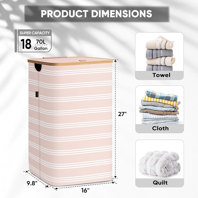BALEINE Laundry Hamper with Lid, Tall Laundry Baskets with Bamboo Pull Handles - Image 4