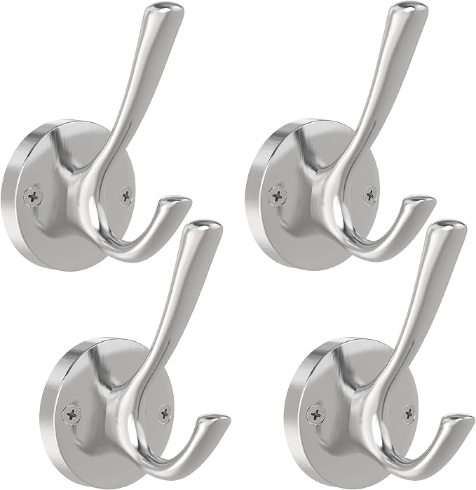 Brushed Nickel Wall Hooks, 4 Pack Heavy Duty Coat Towel Hook Metal Double Hook by TOFIIGREM