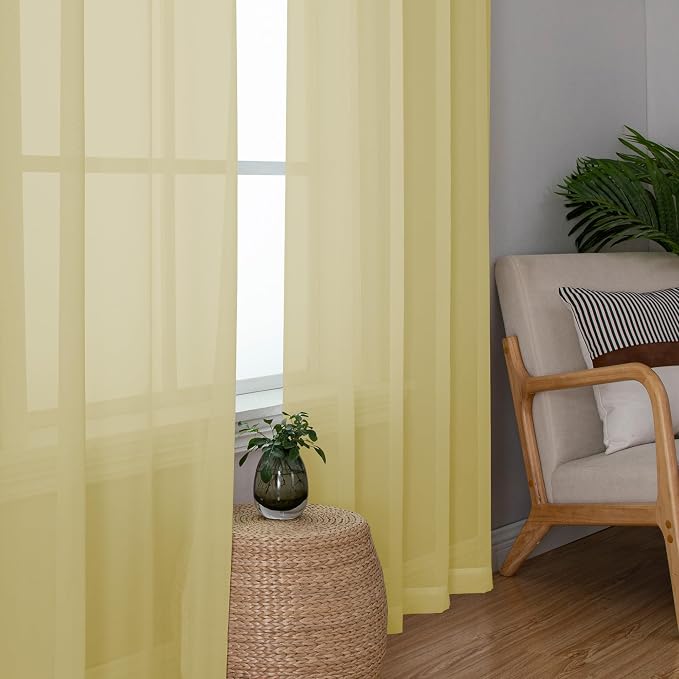 Chyhomenyc Yellow Sheer Curtains 54 Inch Long 2 Panels, Light Filtering Rod - Image 7