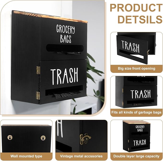 2 in 1 Trash Bag Dispenser, Double Wall Mounted, Wood Trash Bag Holder - Image 7