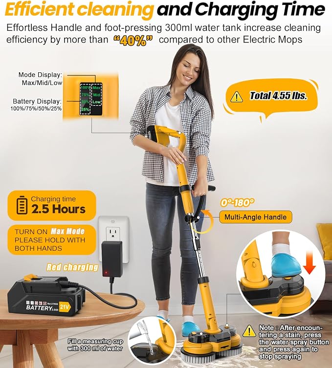 qimedo 6000mAh Battery Electric Mop M1, 800RPM Cordless Electric Power Scrubber - Image 5