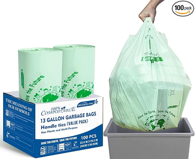 Compostable 13 Gallon Trash Bags, Tall Kitchen Garbage Bags by BEIDOU-PAC