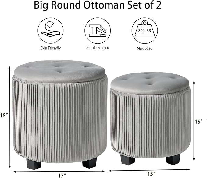 Big Round Ottoman with Storage Set of 2, Upholstered Velvet Vanity Stool - Image 3