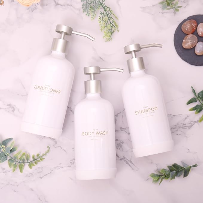 Shampoo and Conditioner Dispenser Set of 3, Refillable 21oz Shampoo Bottles - Image 2