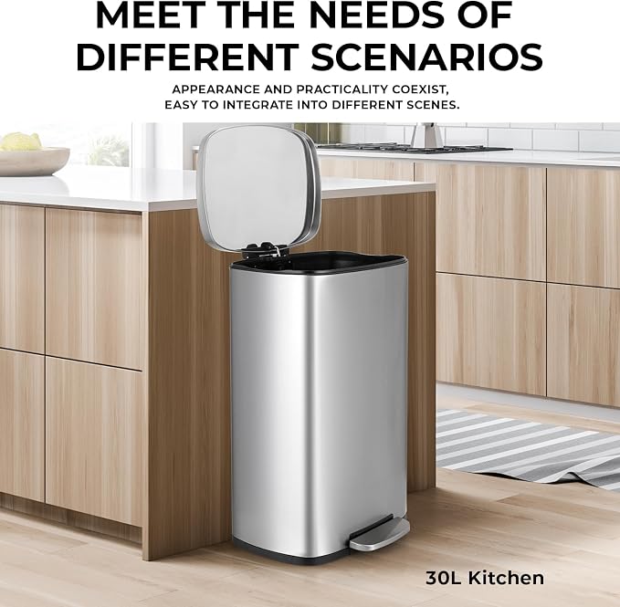 8 Gal Kitchen Trash Can, 30L Recycling or Garbage Bin, Brushed Stainless Steel - Image 4