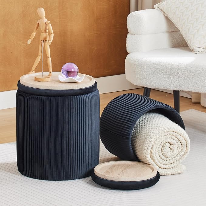 Round Ottoman with Storage Set of 2-Upholstered Velvet Vanity Stool - Image 6