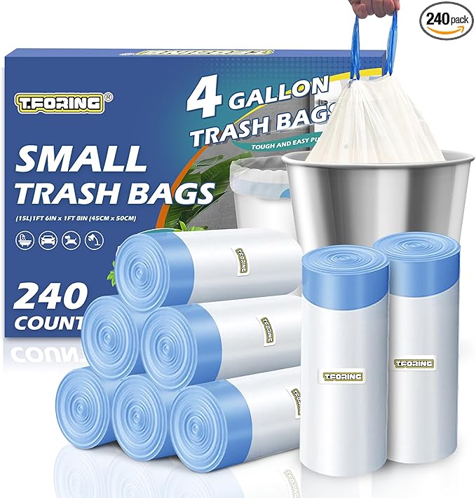 240 Count 4 Gallon Small Trash Bags Drawstring 1.1 Mil by TFORING%C2%AE