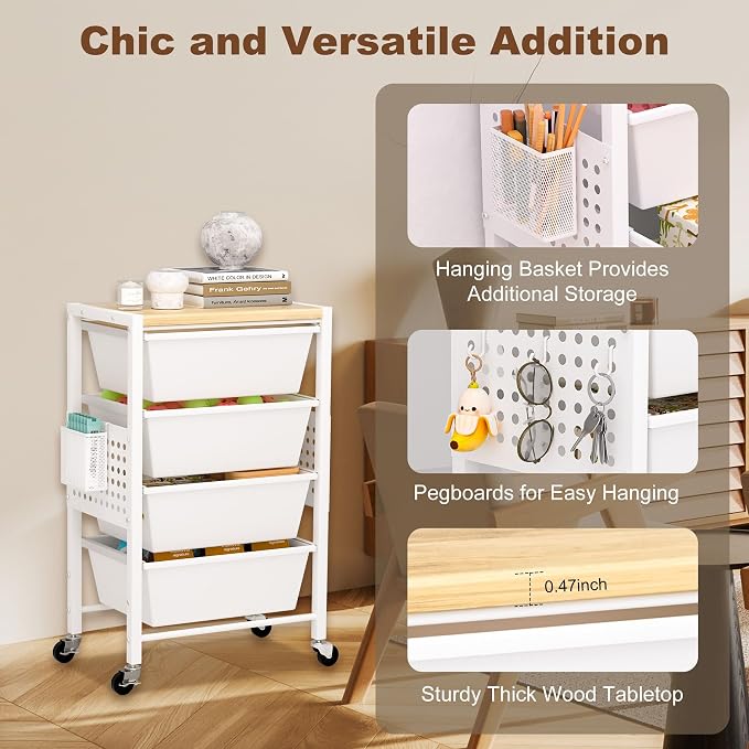 Rolling Cart with Drawers, Rolling Storage Cart with 4 Large Plastic Drawers & - Image 6