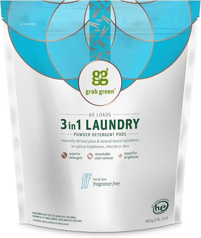 Grab Green 3-in-1 Laundry Detergent Pods, Fragrance Free, Plant and Mineral by GrabGreen
