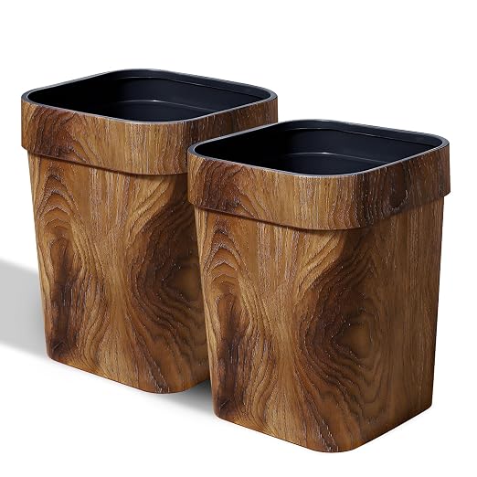 Wood Grain Plastic Trash Can Bedroom, Square 2-Pack, 3.7 Gal Farmhouse by CiaoStilista