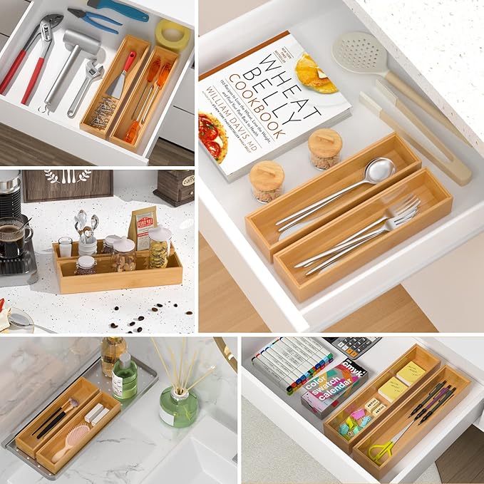Silverware Tray for Drawer, Stackable Kitchen Bamboo Drawer Organizer 12" x 3" - Image 4