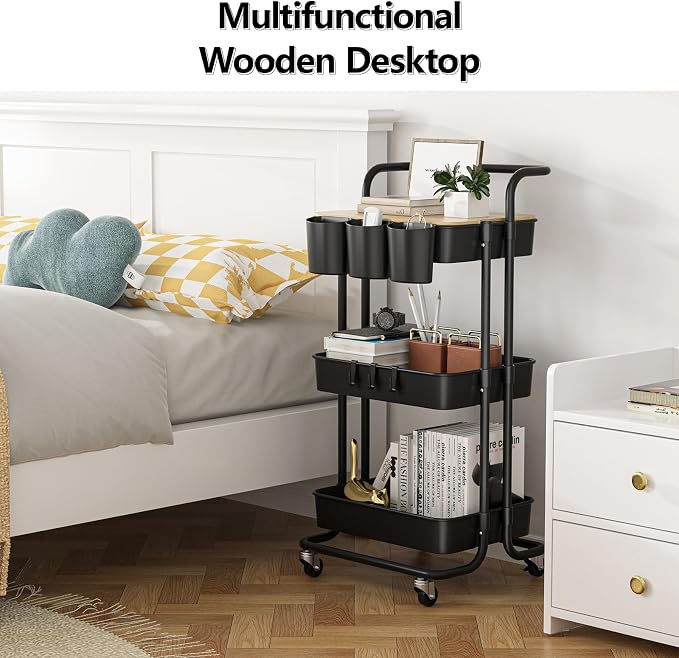 3 Tier Rolling Cart with Metal Handle, Table Top, Hanging Cups, Plastic Storage - Image 7