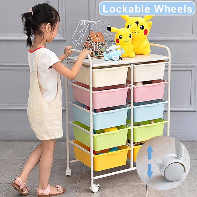 Rolling Cart with 10 Drawers, Plastic Drawer Cart with Metal Frame, Utility - Image 4