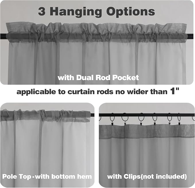 Chyhomenyc Charcoal Grey Sheer Curtains 45 Inch Long 2 Panels, Light Filtering - Image 3