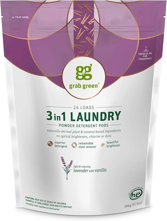 Grab Green 3-in-1 Laundry Detergent Pods, Lavender Vanilla Scent, Plant and by GrabGreen