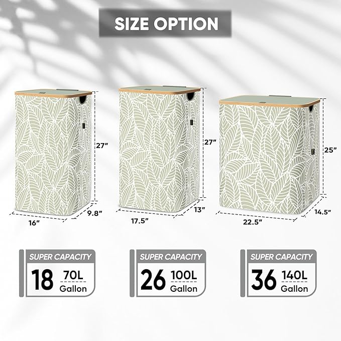 BALEINE Laundry Hamper with Lid, Tall Laundry Baskets with Bamboo Pull Handles - Image 2