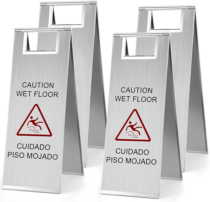 LEIFIDE 4 Pcs Stainless Steel Wet Floor Caution Sign Bulk 8.8 Pound Portable by LEIFIDE