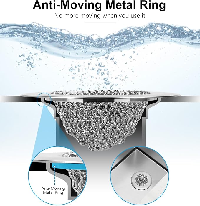 Sink Drain Strainer: Anti-Slip Flexible Chainlink, 304 Stainless Steel. - Image 3