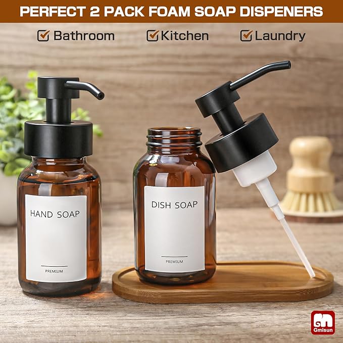 GMISUN Foaming Soap Dispenser, 8.5 fl oz / 250ml Amber Glass Foam Soap Dispenser - Image 4
