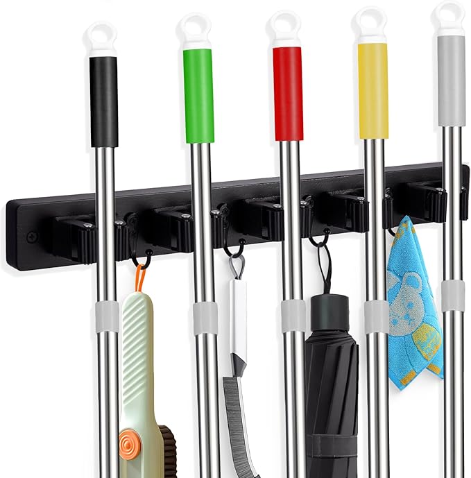 Broom Holder Wall Mount With 5 Slots & 4 Hooks，Rustic Wood Broom & Mop - Image 8