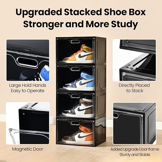 8 Pack Shoe Boxes Black Plastic Stackable, Large Shoe Storage Organizer - Image 3