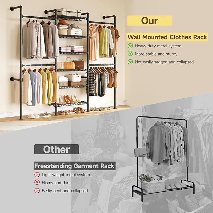 ONBRILL H3 Wall Mounted Closet System, Expandable Industrial Pipe Clothes Rack - Image 5