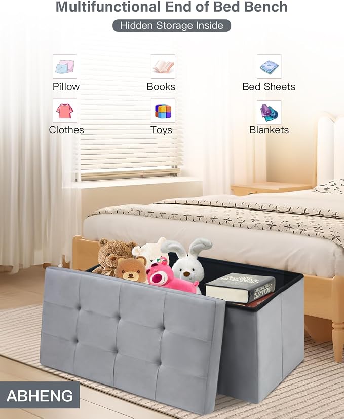 Folding Storage Ottoman, Velvet Storage Bench, Removable Divider, - Image 5