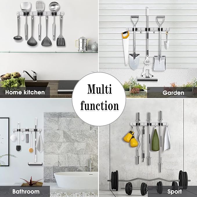 3 Racks and 4 Hooks Broom and Mop Holder Wall Mounted Garage Organizer Storage - Image 7