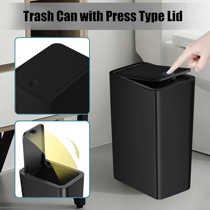 TIPGO Bathroom Trash Can with Lid, 10 Liter/ 2.6 Gallon Slim Garbage Can - Image 5