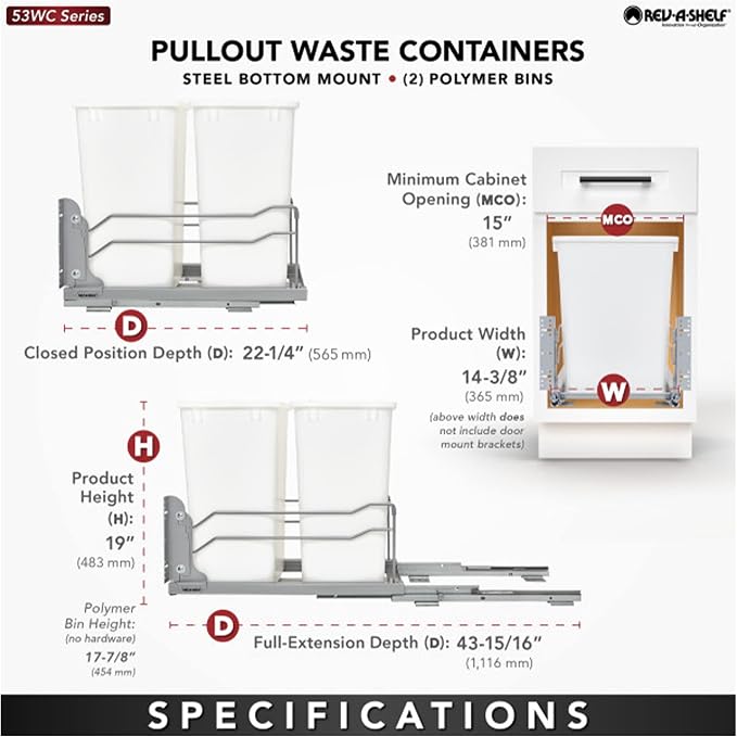 Rev-A-Shelf Double Trash Can Under Kitchen Cabinets Pullout, 35 Quart 8.75 - Image 4