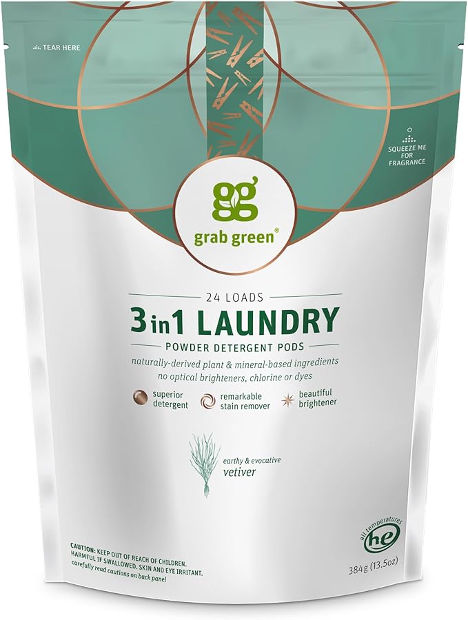 Grab Green 3-in-1 Laundry Detergent Pods, Vetiver Scent, Plant and Mineral Based by GrabGreen