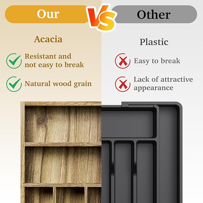 Acacia Wood Silverware Drawer Organizer, Kitchen Utensil Cutlery Drawer - Image 6