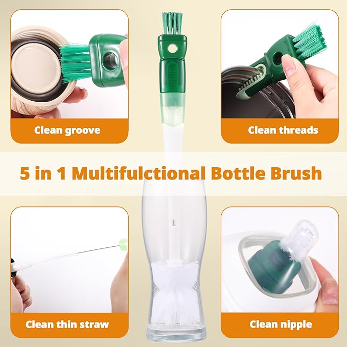 OUTXE 5 Pack Bottle Brush Set, 5-in-1 Water Bottle Cleaner Brush, 3 Straw Brush - Image 2
