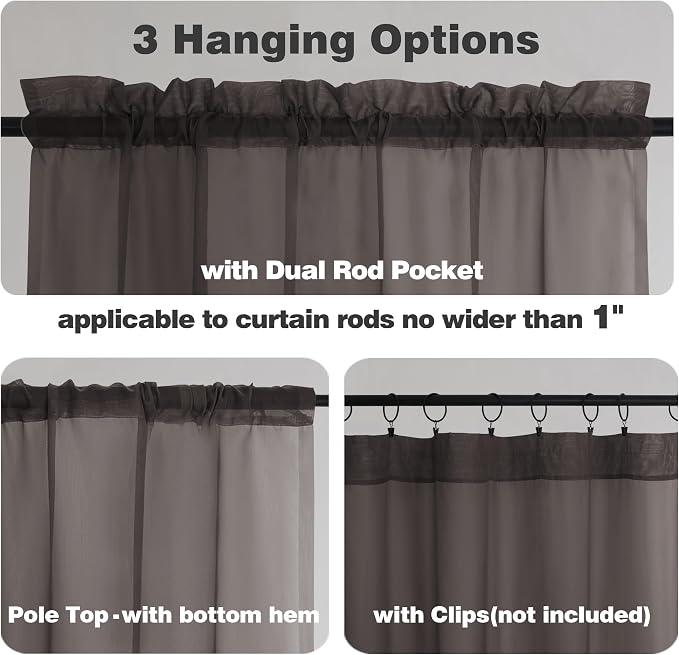 Chyhomenyc Sheer Valances for Windows 2 Pieces, 42Wx14L Inches Brown Small - Image 6