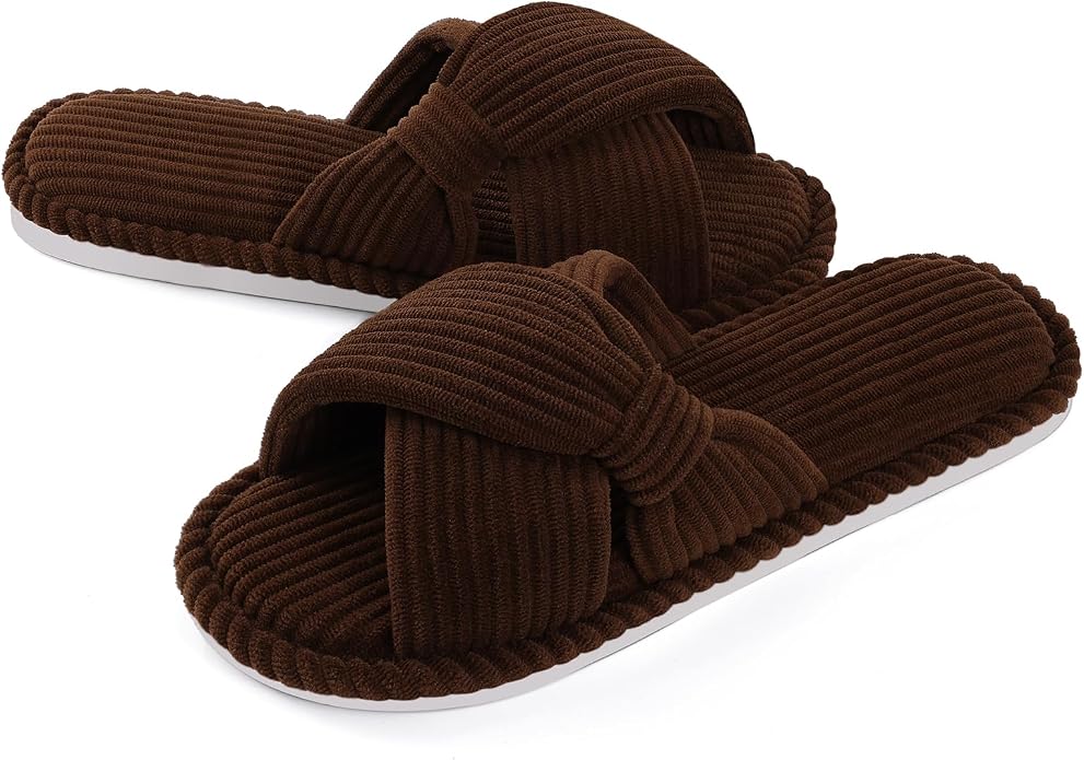 Evshine Summer House Slippers for Women Corduroy Cross Bow Indoor Slippers Open by Evshine
