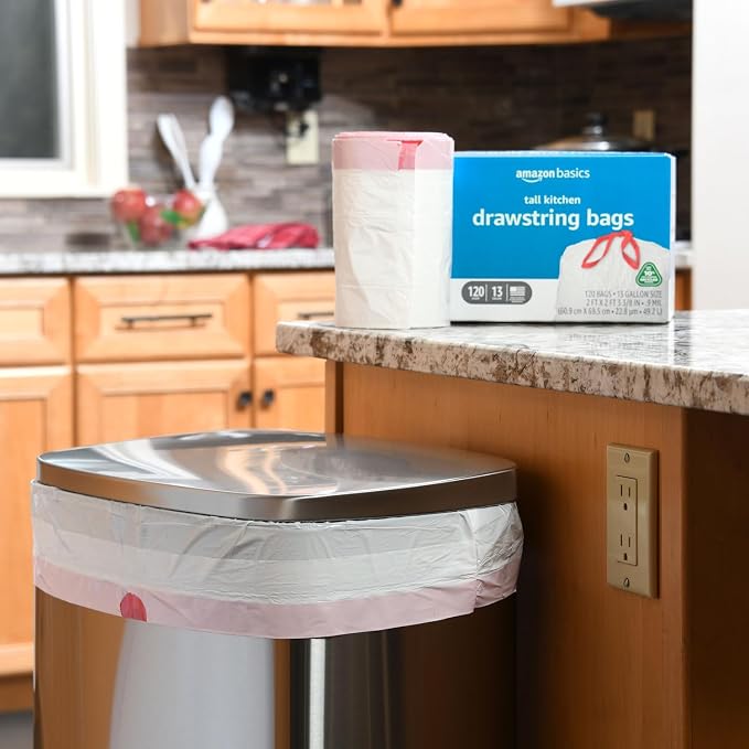 Amazon Basics 13 Gallon Tall Kitchen Drawstring Trash Bags, 10% Post Consumer - Image 5