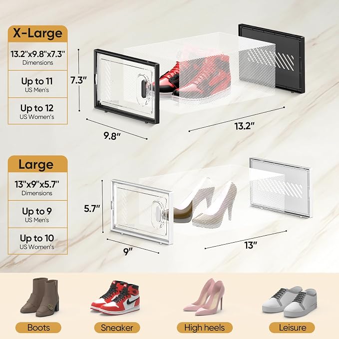 BALEINE 3 Pack Stackable Shoe Storage Boxes Fit Size 9, Thickened Clear Shoe - Image 4