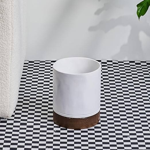 Polytree White Marble and Brown Wood Round Wastebasket, Resin Small Round - Image 6