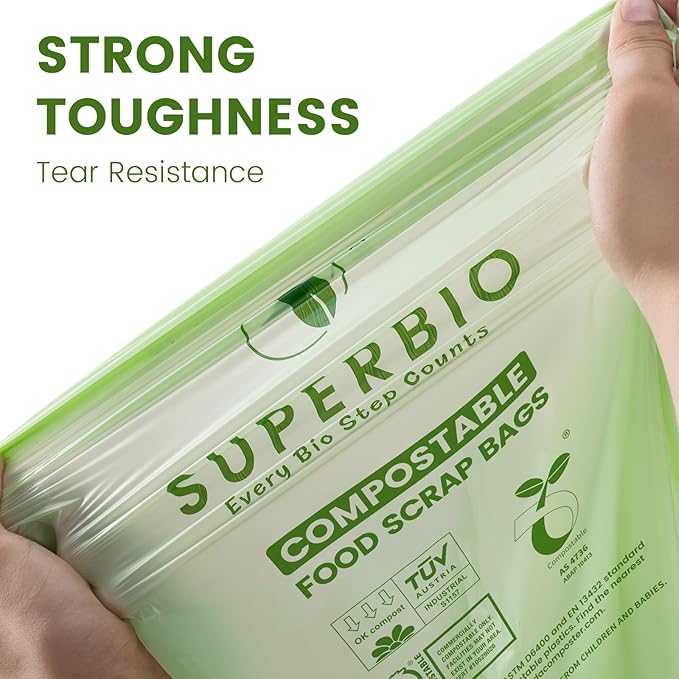 SUPERBIO 2.6 Gallon Compostable Bags, 2 Pack, Handle Tie Food Waste Bags - Image 6