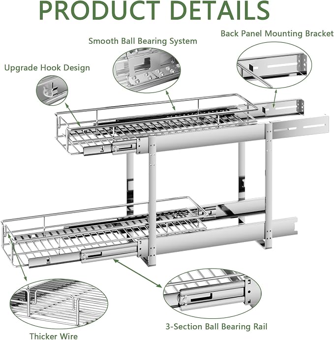 2 Tier Individual Pull Out Cabinet Organizer 9" W x 21½" D, Heavy Duty Cabinet - Image 7