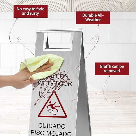 Kigley 2 Pcs Wet Floor Sign, 24 Inch Stainless Steel Caution Wet Floor Sign - Image 3