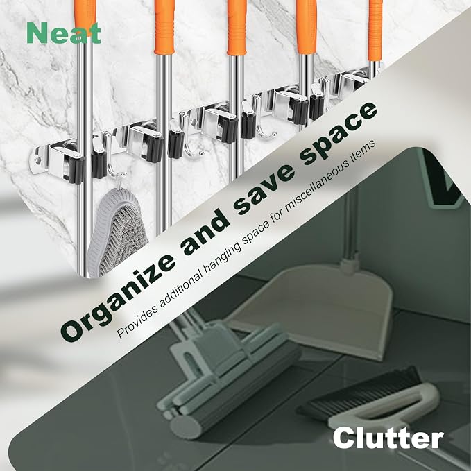 3Pcs 5 Racks 4 Hooks Stainless Steel Broom Mop Holder Anti Slip Wall Mount - Image 5